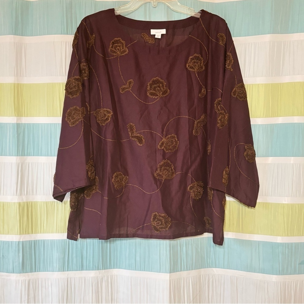 Pure J Jill Brown Wine Color Valley Floral Embroidered Boho Boxy Top Sz XL - Picture 3 of 11